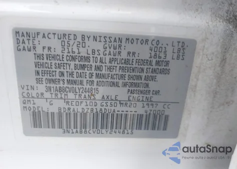 2020 Nissan Sentra Sv Xtronic Cvt from USA, damaged, VIN 3N1AB8CV0LY244815